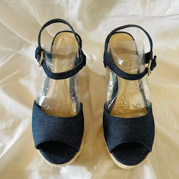 Denim Jute Wedge Ankle Strap Open Toe Espadrille Sandals - Picture 4 of 12